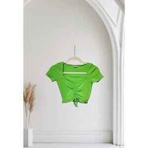 Zara Cinched Front Crop Top Short Sleeve Shirt Neon Green Small